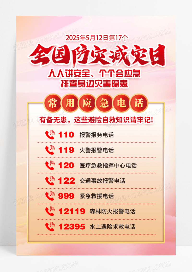 红色简约2025年防灾减灾月应急电话海报