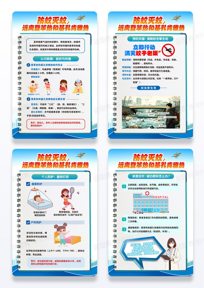 蓝色预防登革热基孔肯雅热防蚊灭蚊系列海报组合