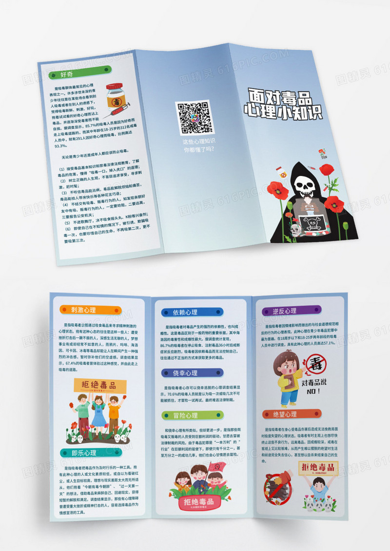 蓝色卡通面对毒品心理小知识拒绝毒品宣传禁毒三折页设计