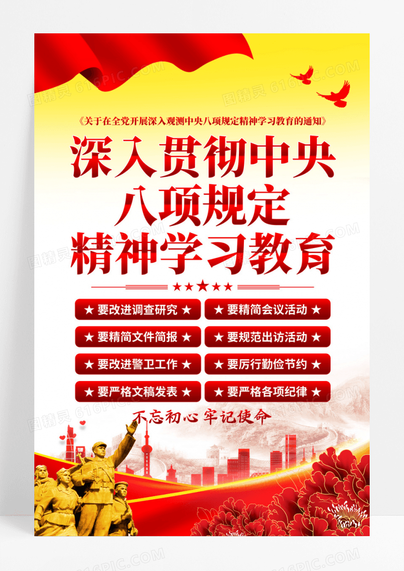 红色党政中央八项规定精神学习教育海报