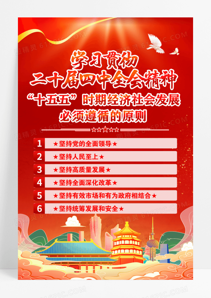 红色党的二十届四中全会十五五六大原则海报