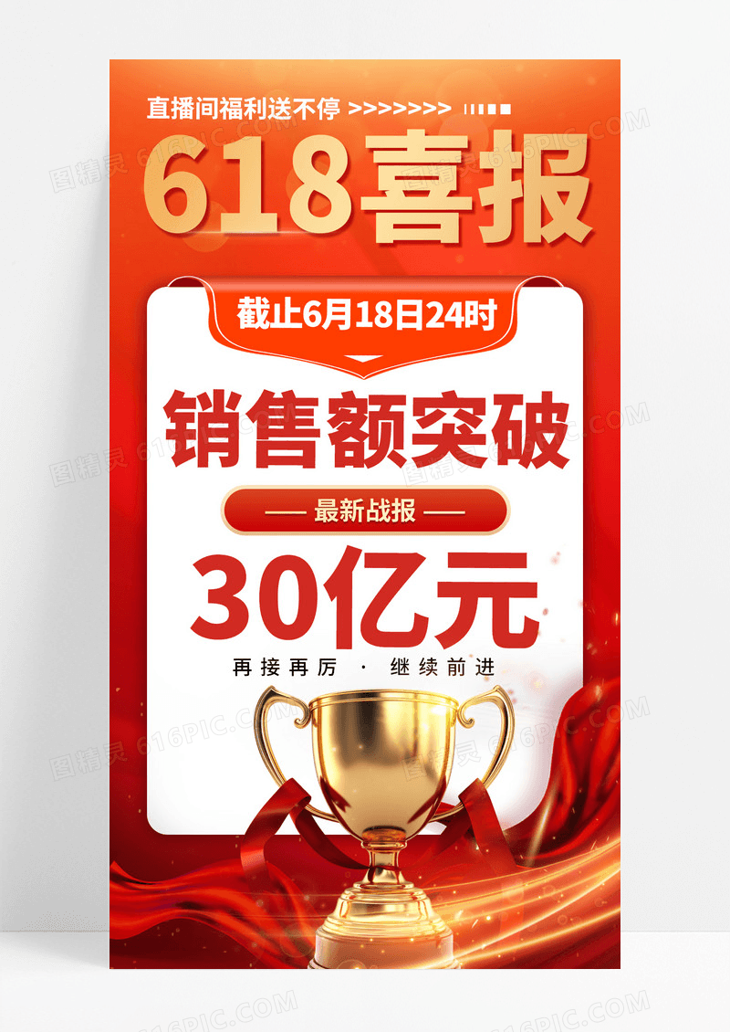 红色渐变创新618喜报来袭奖杯手机海报