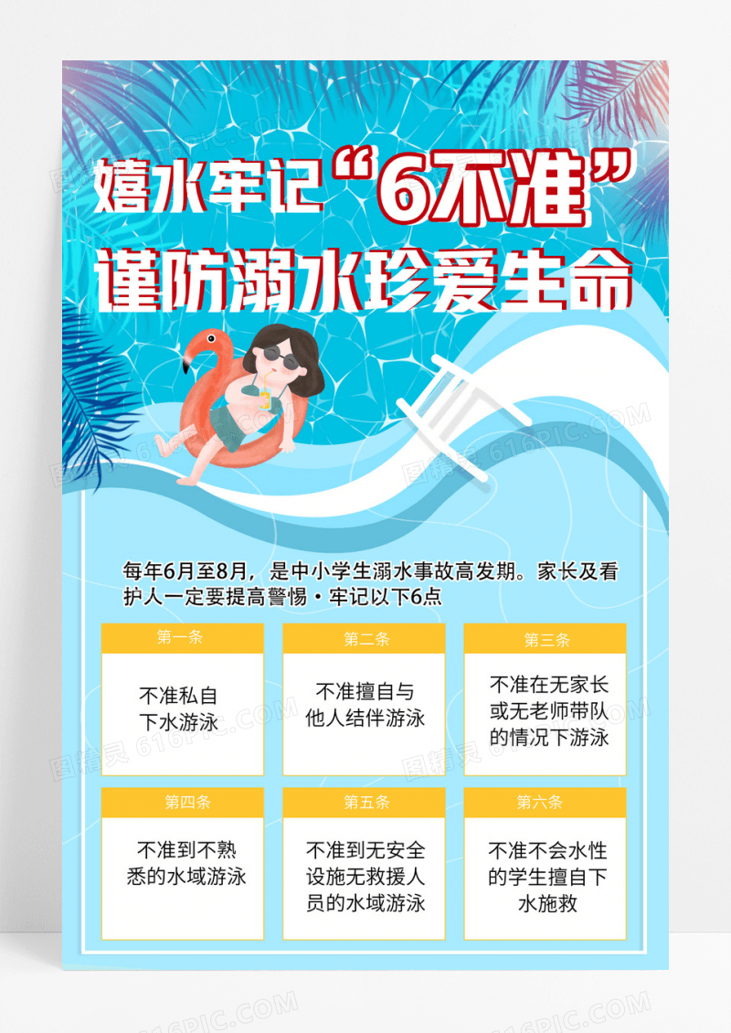 蓝色中小学生预防溺水事故六不准海报设计