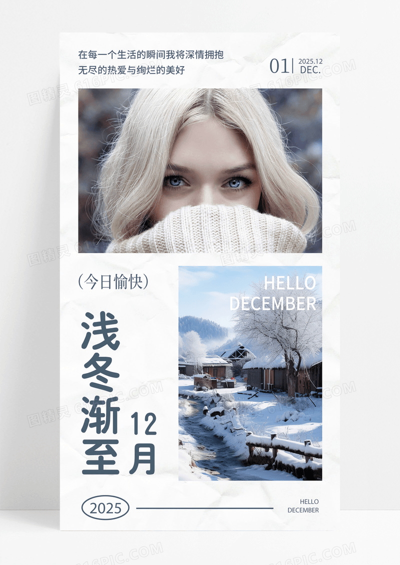 12月你好女孩冬天浅灰色简约in风浅冬渐至海报创意广告海报