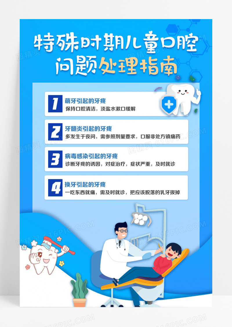 蓝色医疗插画风儿童牙疼口腔护理海报儿童口腔海报设计