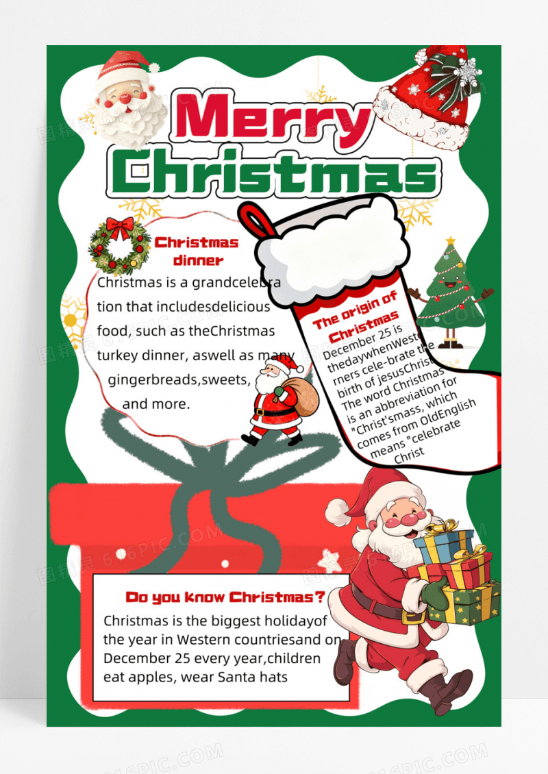 绿色卡通手绘卡通圣诞节英语手抄报