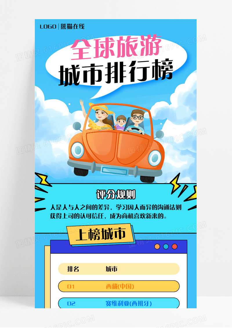 蓝色卡通全球排行榜旅游长图海报