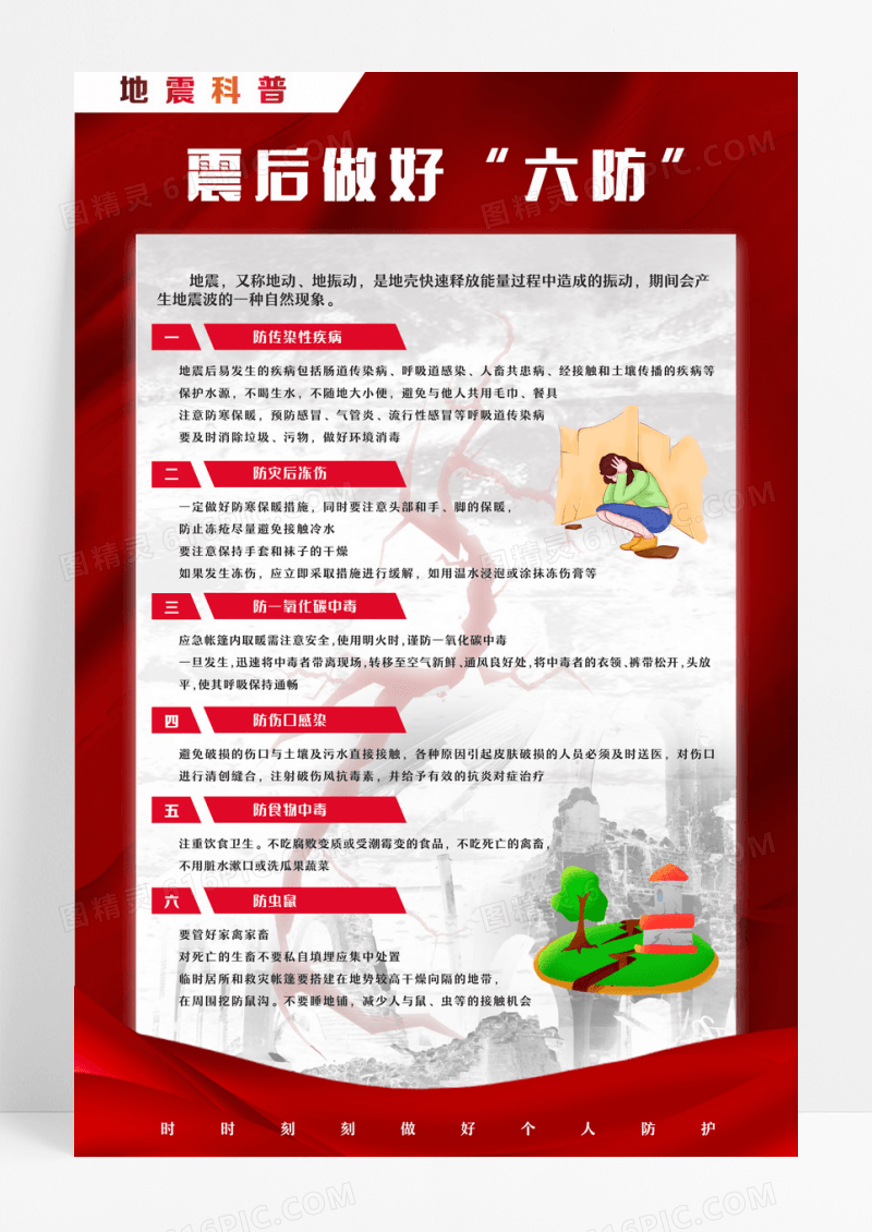 红色简约风地震科普震后防护宣传海报设计