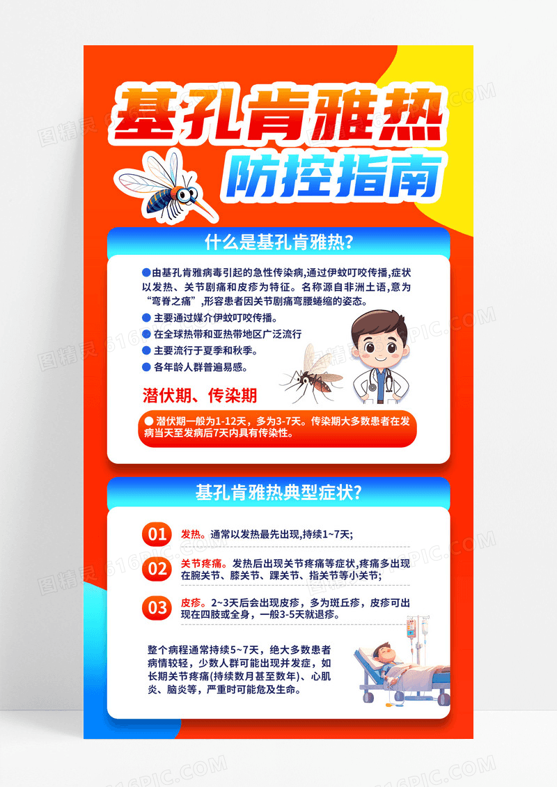 橙色蓝色简约基孔肯雅热疾病预防防蚊虫科普健康海报