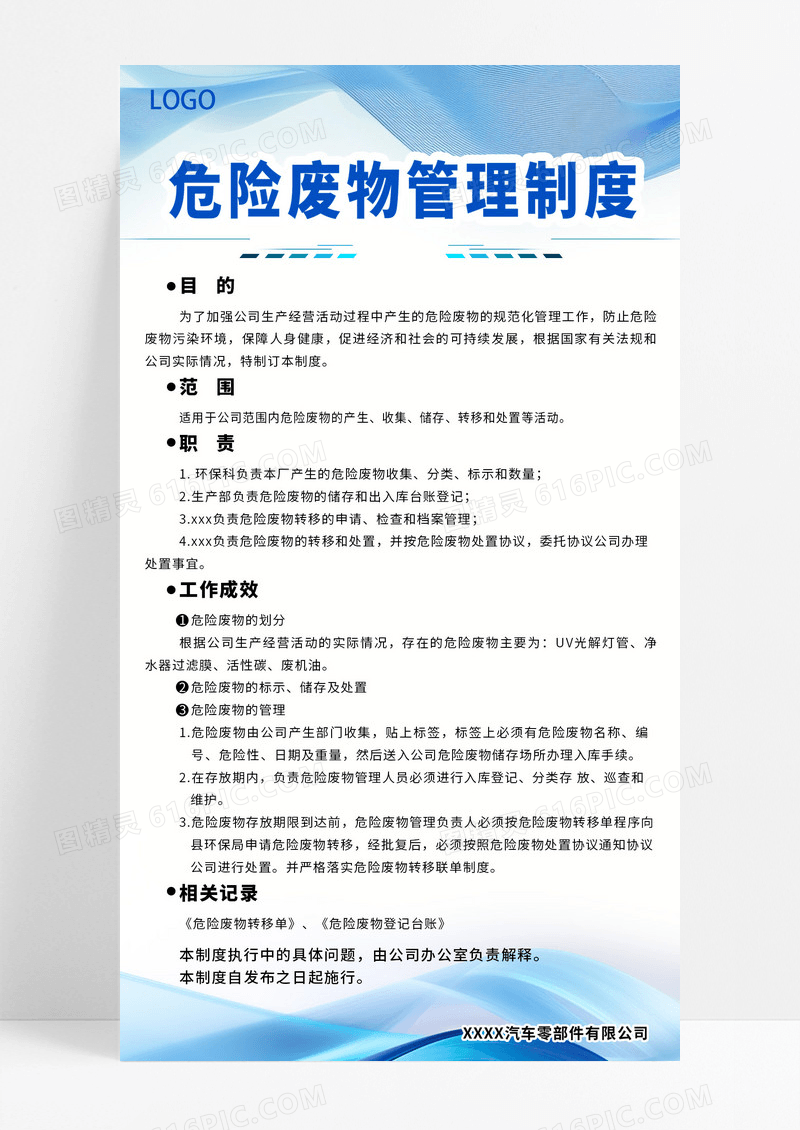 简约大气科技蓝色危险废物管理责任制度公示海报