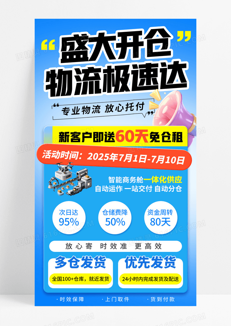 蓝色3D盛大开仓物流极速达促销活动手机宣传海报