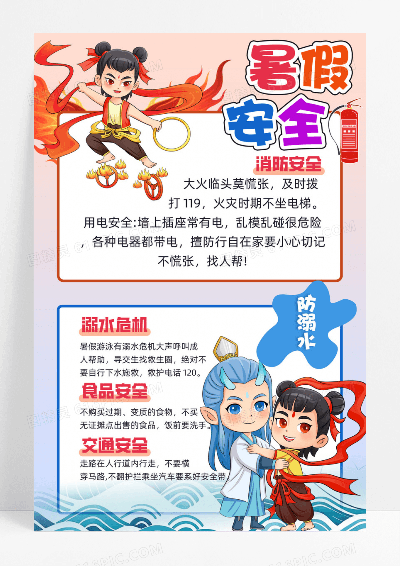 暑假安全预防消防游玩食品手抄报设计