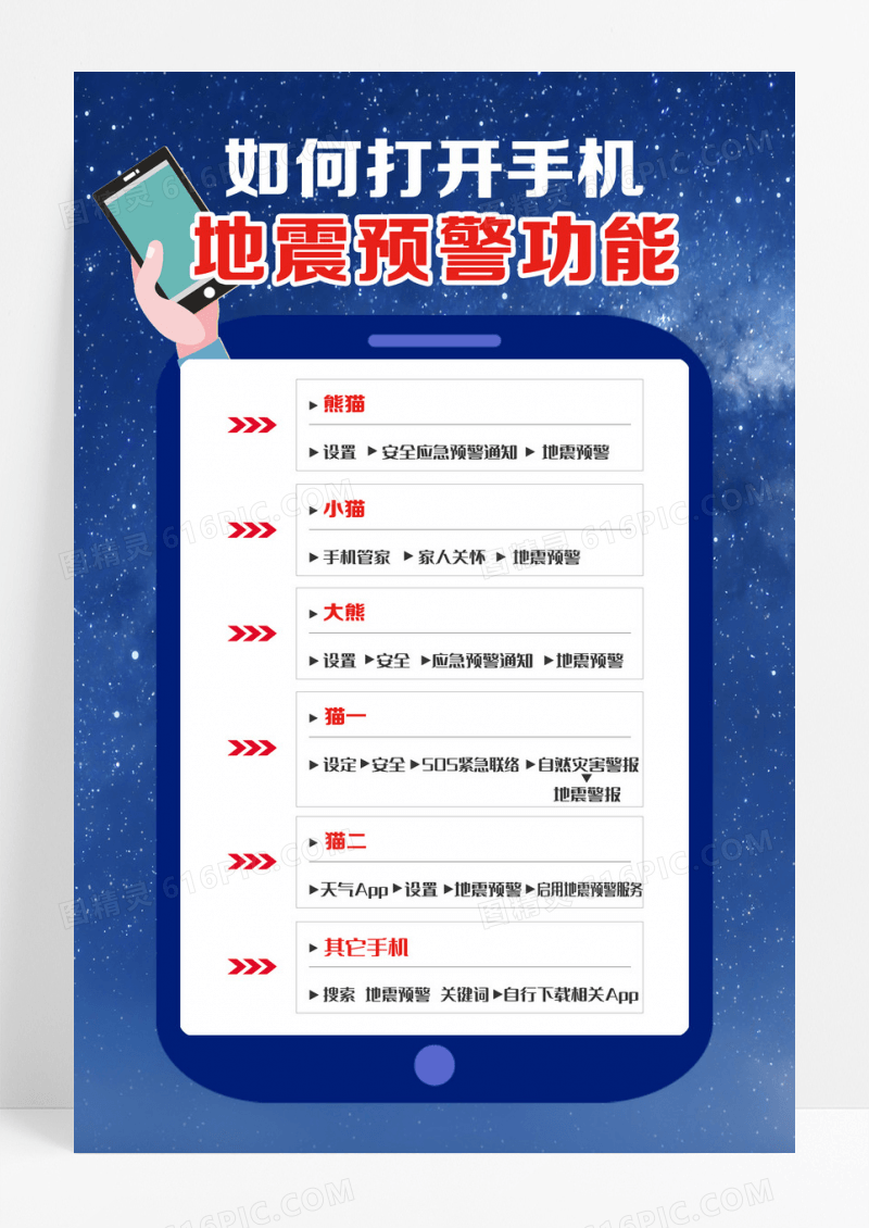蓝色手机地震预警功能宣传海报设计