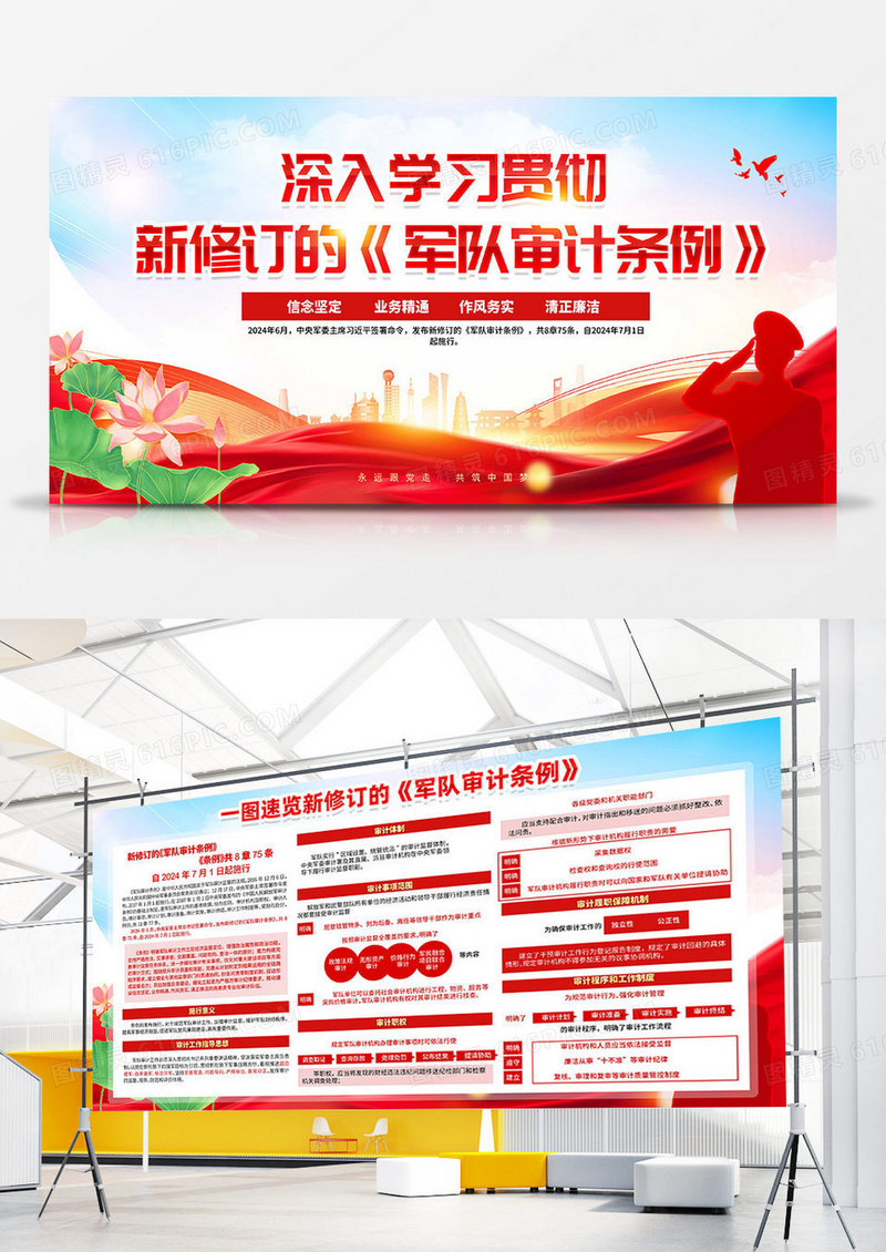 一图速览新修订的军队审计条例党建双面展板