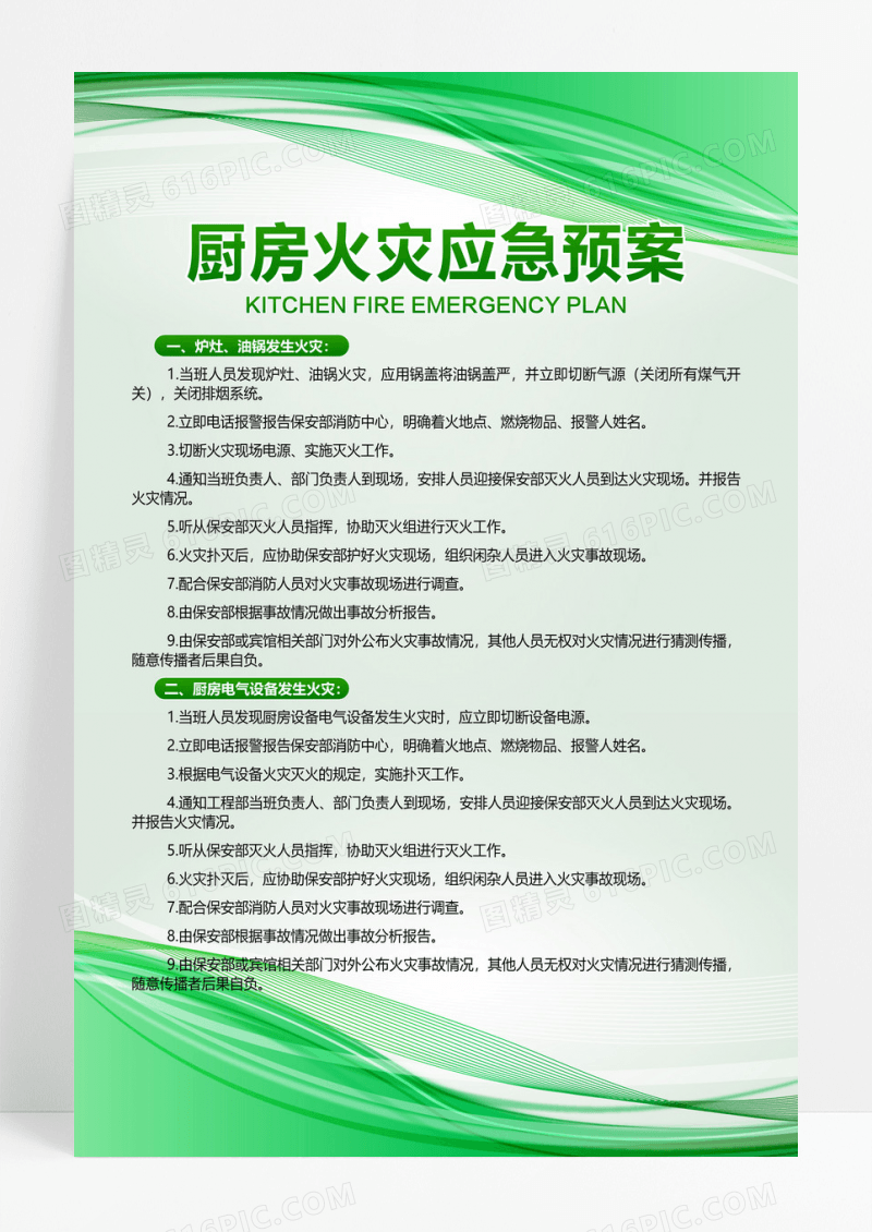 绿色简约科技风格厨房火灾应急预案海报