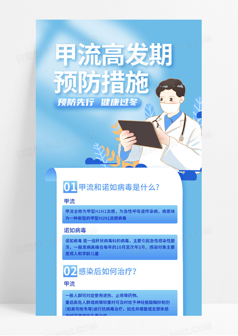 蓝色简约医疗科普预防甲流做好防护预防冬季流感长图