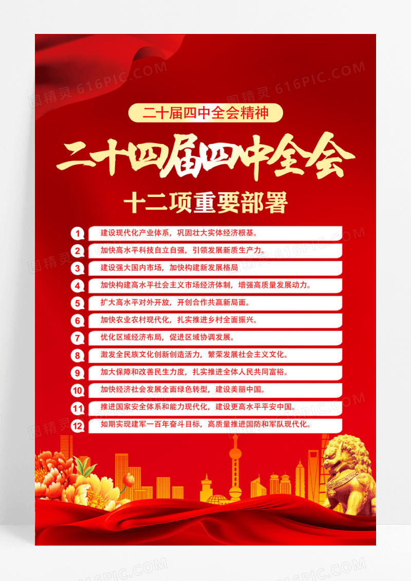 红色党政二十届四中全会精神12项重要部署海报