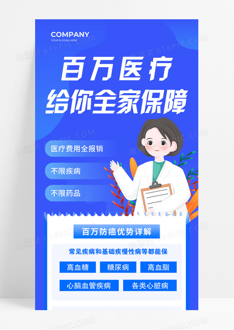蓝色清新百万医疗给你全家保障医保宣传长图