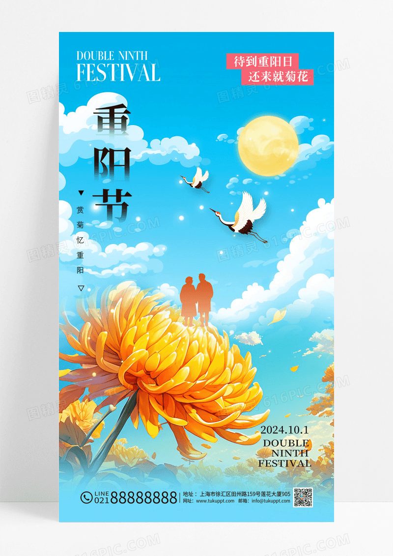 蓝色卡通插画重阳节菊花老人简约海报