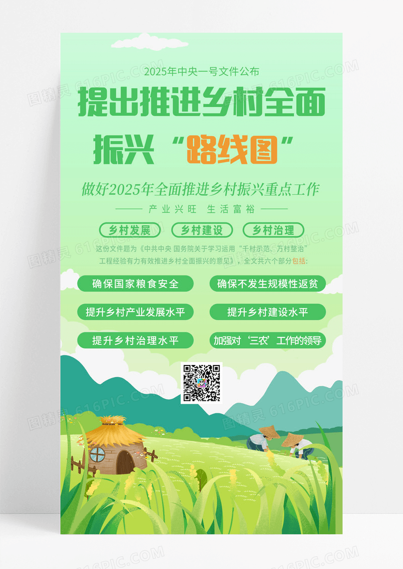 绿色插画2025年中央一号乡村建设振兴手机宣传海报