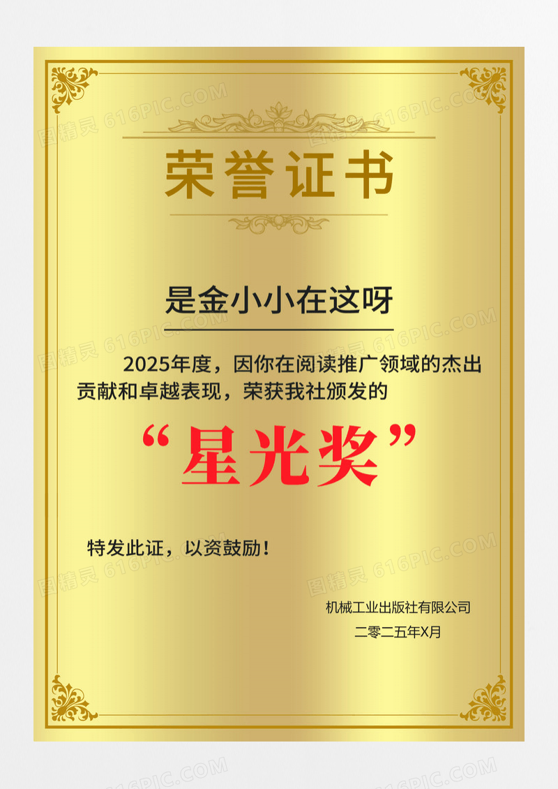 金色简约星光奖证书荣誉证书铜牌