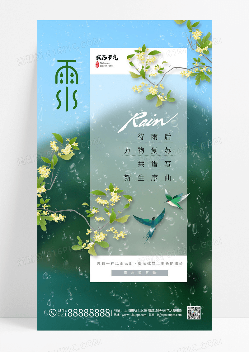 蓝色雨水简约意境飞燕水滴24节气海报