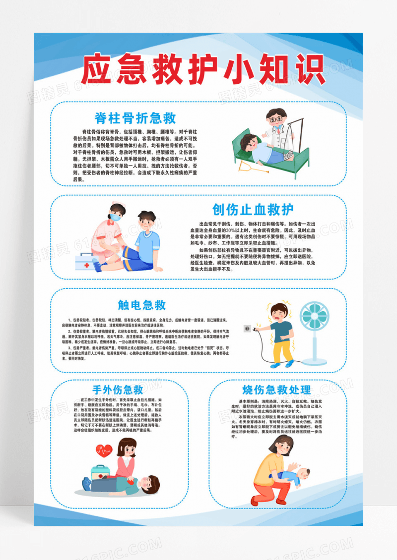 蓝色应急救护小知识漫画制度应急知识海报应急救护知识海报