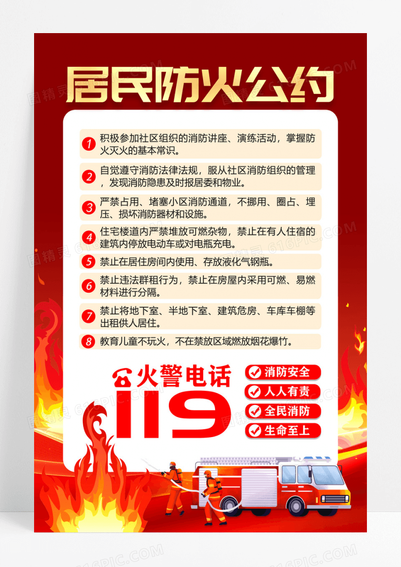 红色居民防火公约社区消防安全海报