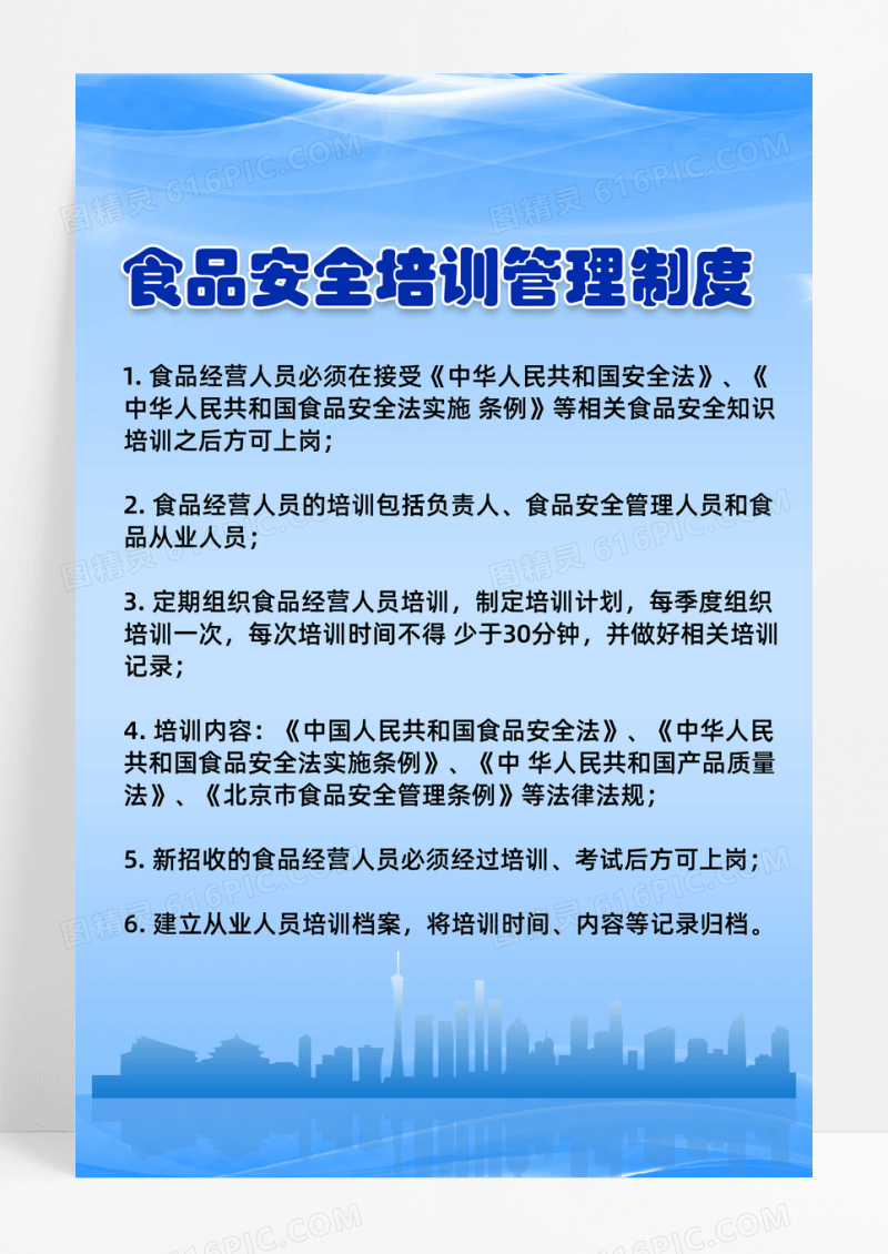 蓝色时尚线条城市简约食品安全管理制度海报