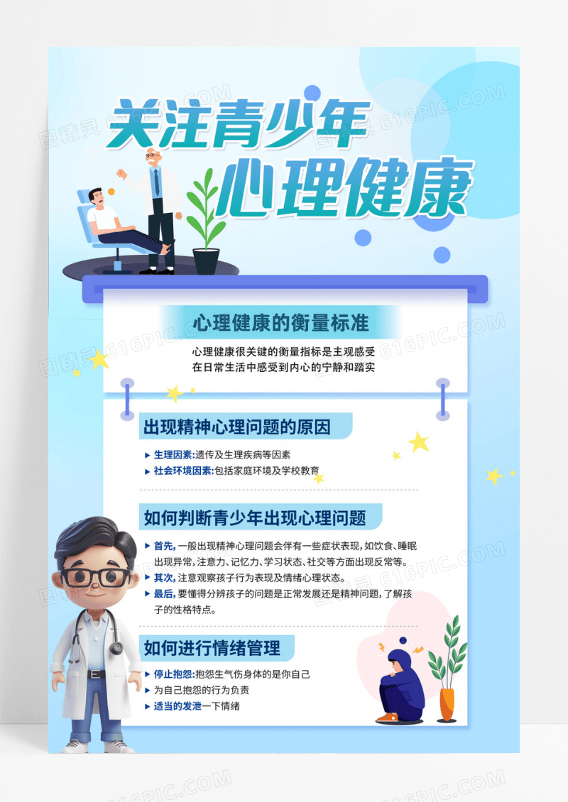 蓝色科普关注青少年心理健康海报设计