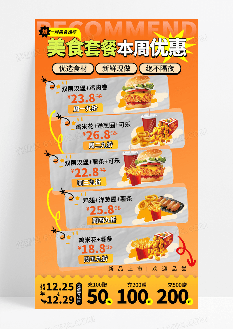 橙色卡通美食一周美食优惠套餐本周优惠手机海报