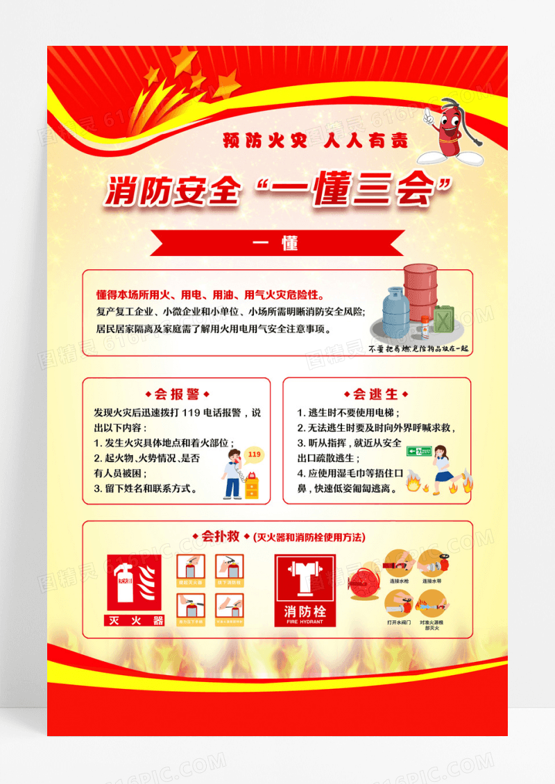 红色简约大气创意防火消防安全一懂三会海报