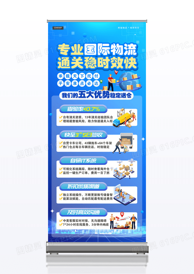 蓝色国际快递物流企业展架物流快递展架