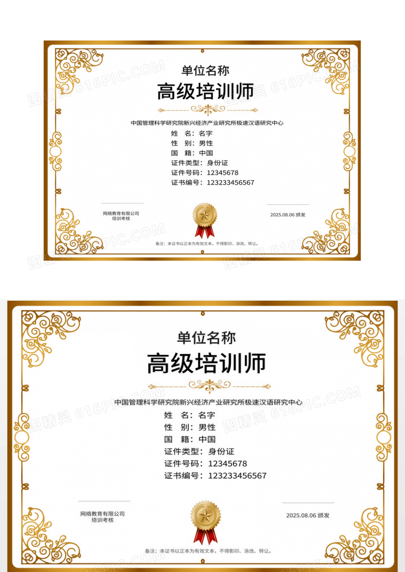 金色简洁高端高级培训师培训证书设计