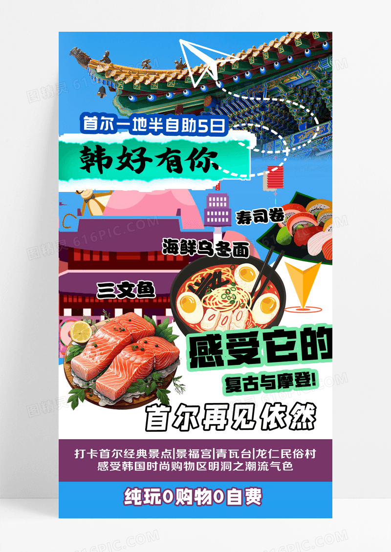 复古拼贴韩国旅游建筑物蓝色复古拼贴海报平面海报