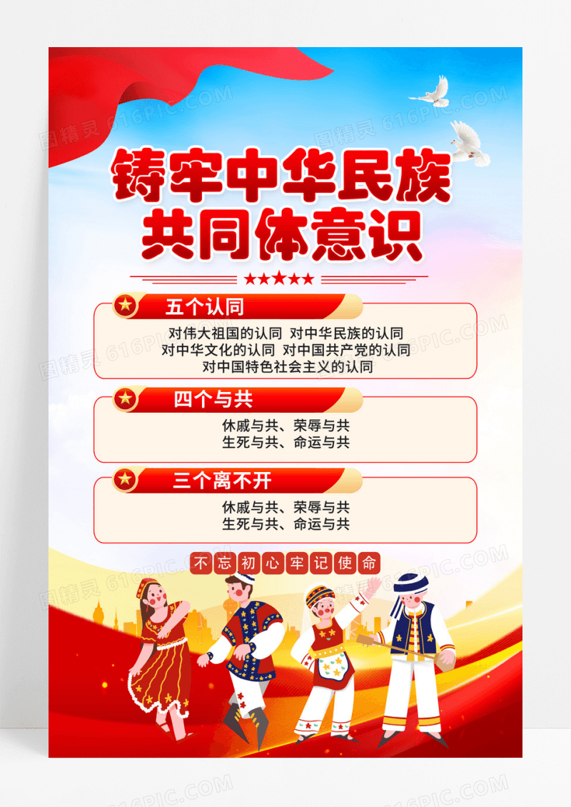 蓝色铸牢中华民族共同体意识民族团结进步海报