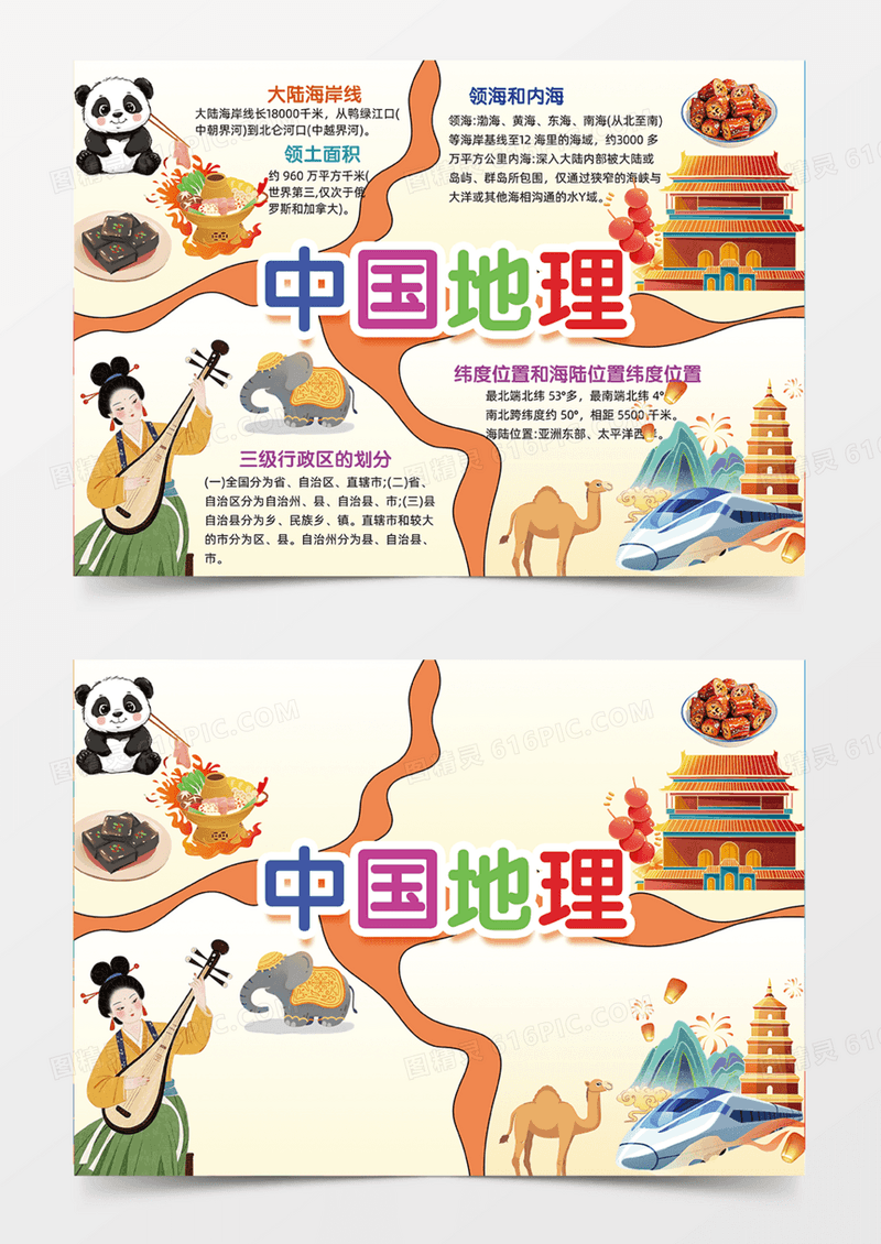 中国地理城市旅行插画特色手绘手抄报
