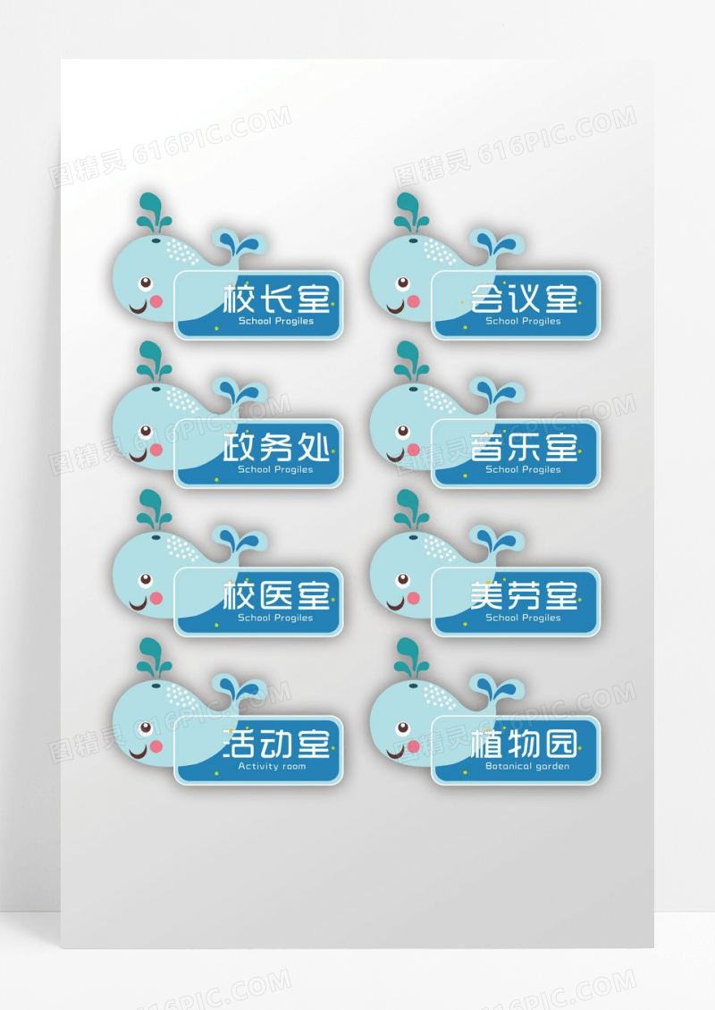 蓝色可爱小鲸鱼造型班级门牌设计