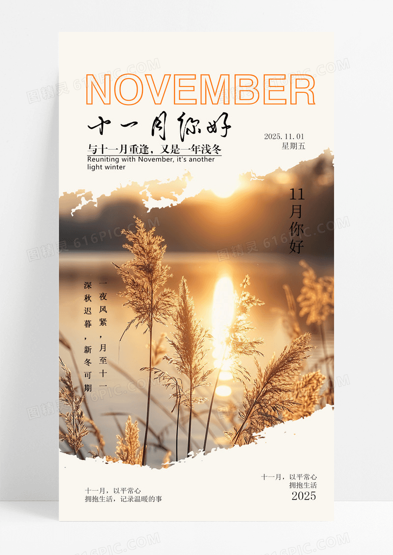 秋色11月你好你好11月十一月你好早安你好日签海报