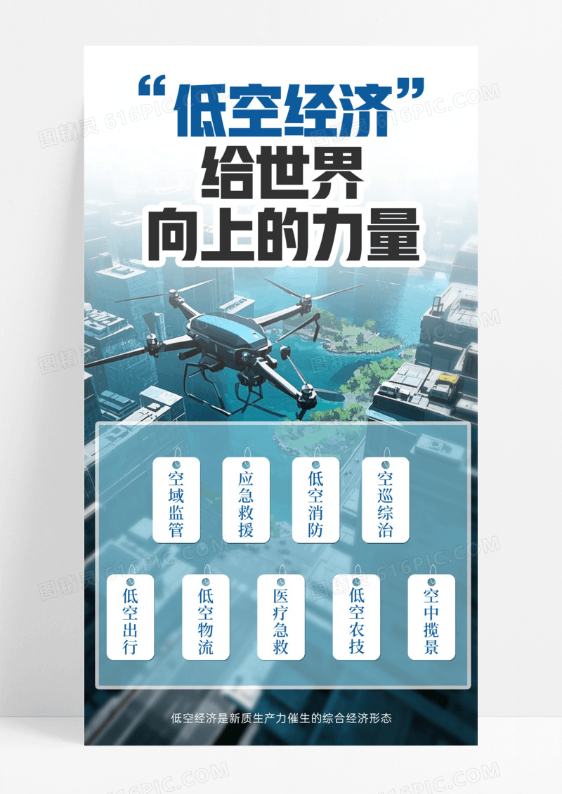 蓝色简约科技低空经济介绍手机宣传海报