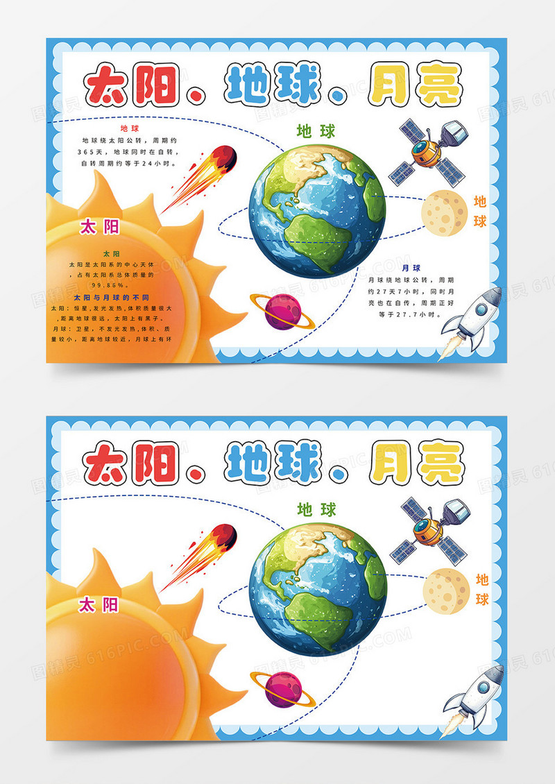 蓝色简约太阳地球月亮小报手抄报