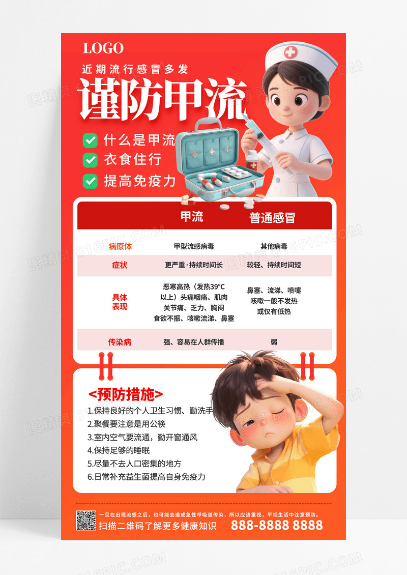 大气简约卡通预防甲流知识宣传海报