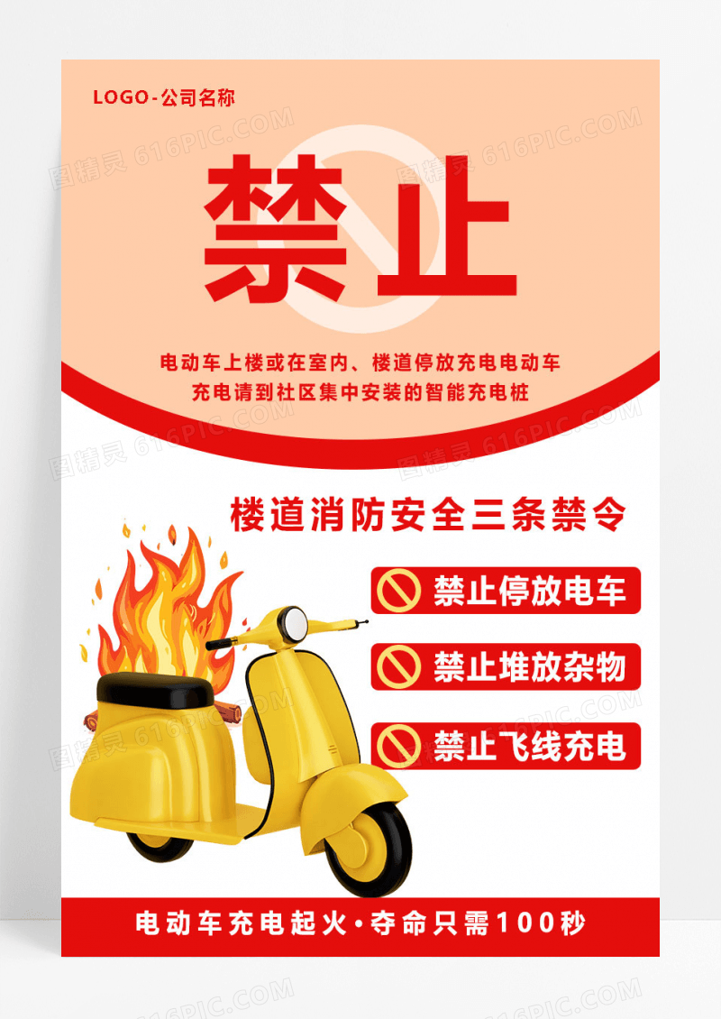 红色简约电动车安全隐患消防安全海报