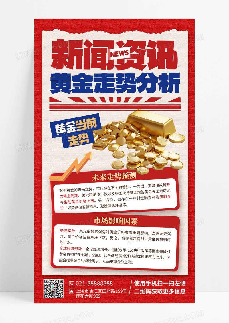 黄金走势新闻资讯红色简约大气手机海报