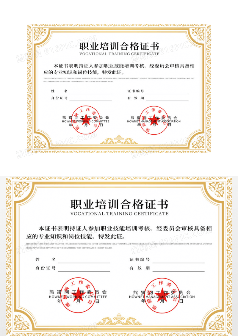 花纹简约欧式职业培训合格证书