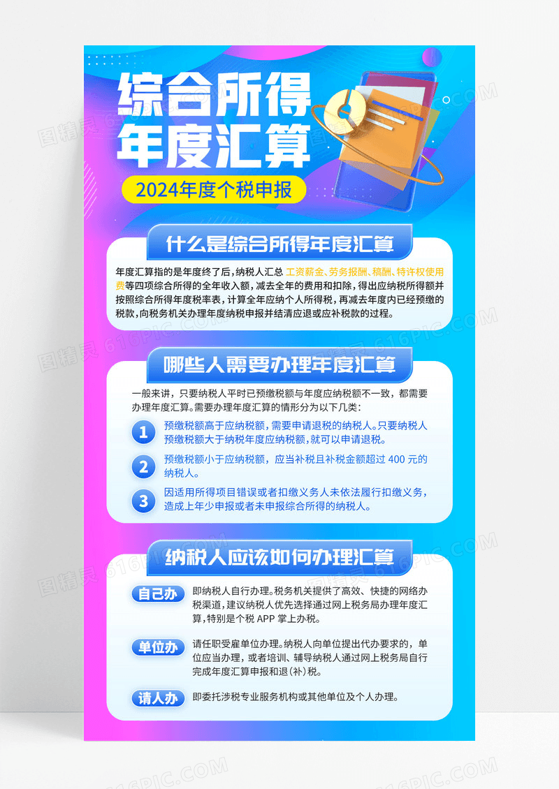 蓝色简约综合所得年度汇算微立体纳税手机宣传海报
