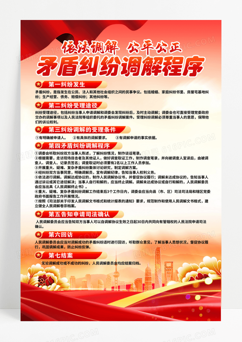 红色社会矛盾纠纷调解中心流程说明宣传海报