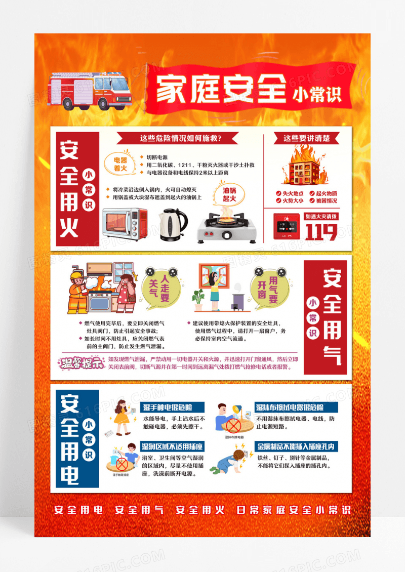 红色家庭安全用火用气用电小常识海报设计