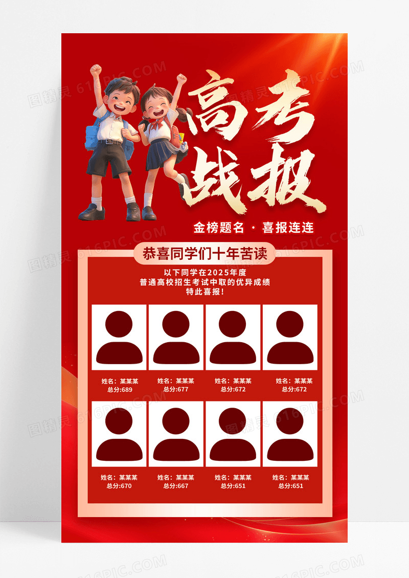 3D潮流卡通红金大气高考喜报喜榜状元榜海报