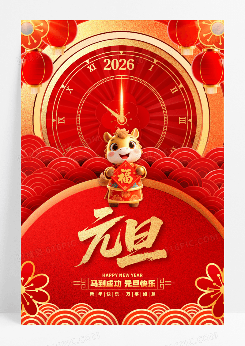 中国风喜庆2026马年时钟马到成功元旦宣传海报